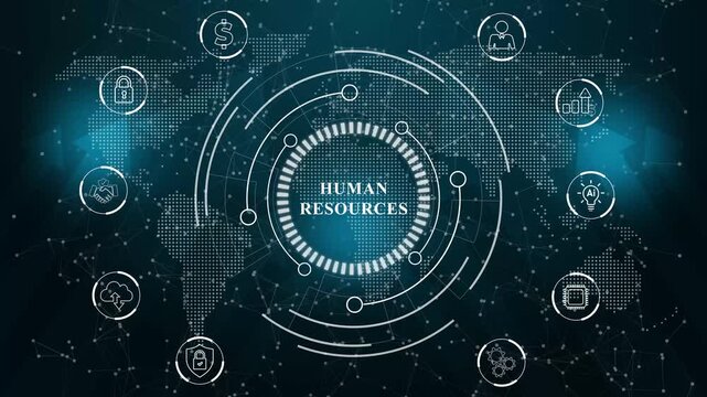 Animated hr solutions concept, business insights from large data sets, Animated data analytics banner web icons. Abstract technology data connection symbols on a deep cyan color background.