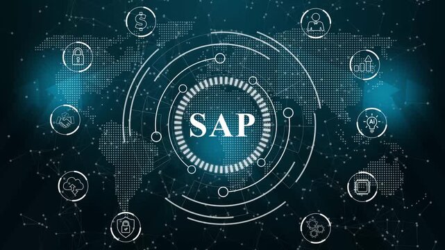 SAP System Software Automation concept on virtual screen data center. business insights from large data sets, Animated data analytics banner. technology data connection symbols on a deep cyan color