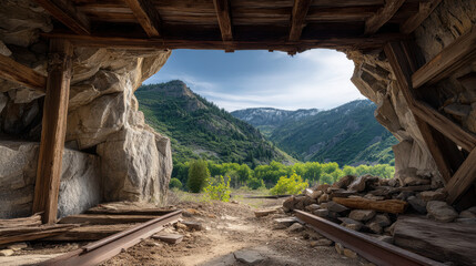 Fototapeta premium Abandoned mine entrance wooden beams rocky tunnel mountain landscape green forest blue sky peaceful natural light