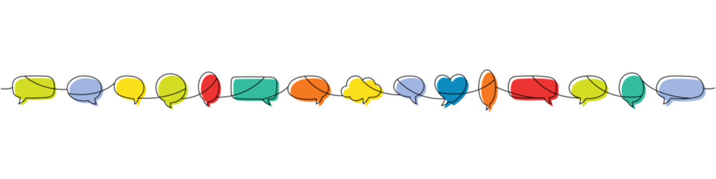 Continuous line art with multiple colorful speech bubbles in rainbow palette. Minimalist outline illustration of communication and conversation flow