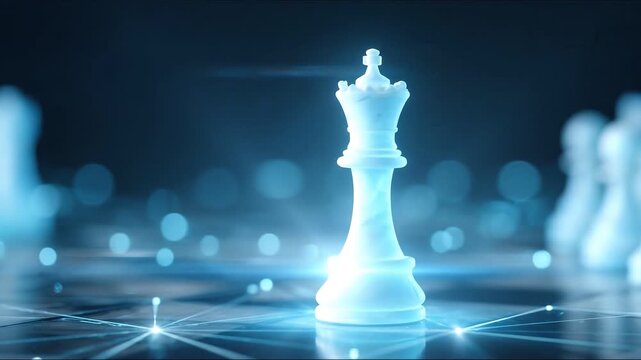 Chess Queen's strategic stance: A luminous chess queen commands attention on the board, symbolizing strategic planning, power, and intellect in the digital age.