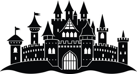 Obraz premium A beautiful and elaborate fairytale castle silhouette illustration against a white background