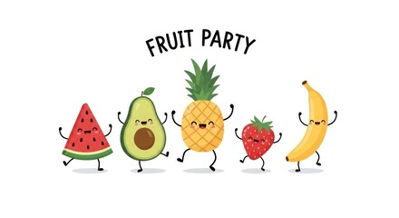 Animated fruit characters dancing at a cheerful fruit party celebration