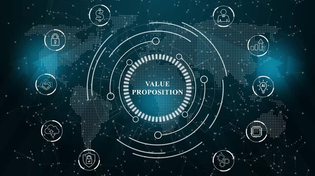 Animated value proposition concept visualization with global digital world map design, Internet infrastructure concept, Abstract technology data connection symbols on a deep cyan color background.