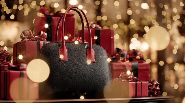Festive Gift: A stylish handbag rests amidst a collection of elegant, wrapped gifts, illuminated by a warm, bokeh-filled backdrop, creating an atmosphere of anticipation and joy.