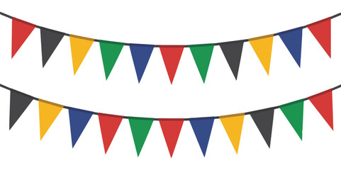 Obraz premium Bunting flags in red blue yellow and green colors strung on cords festive background isolated white