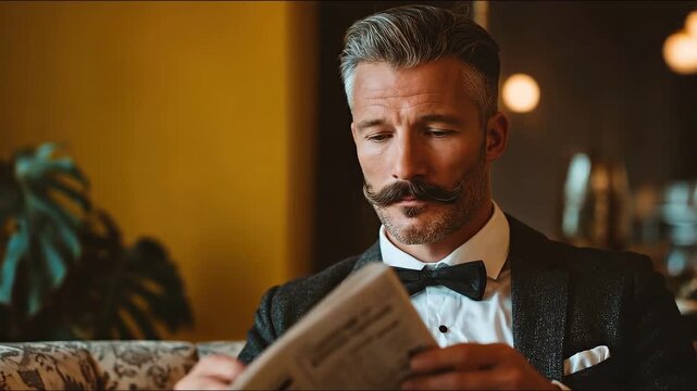 Refined Gentleman: A distinguished gentleman, clad in a tuxedo and bow tie, immerses himself in a newspaper, exuding an air of sophistication and leisure.