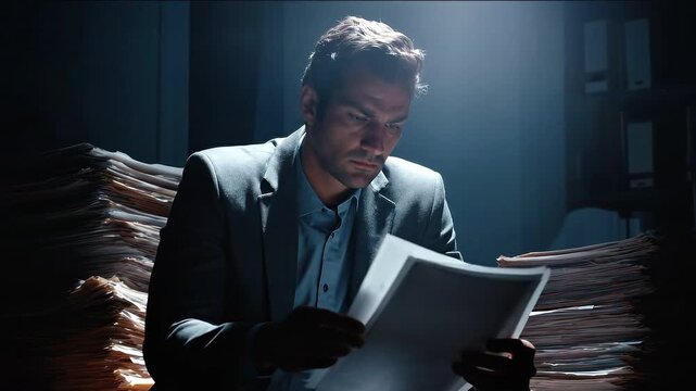 Analytical Focus: A dedicated individual, illuminated by a solitary light, pores over a stack of documents, lost in contemplation amidst a dimly lit environment.