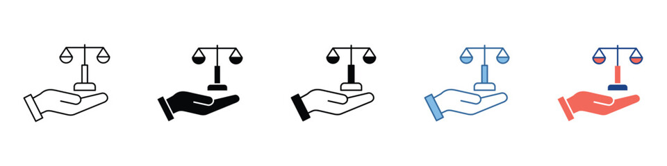 Set of vector icons depicting a hand holding a balance scale, symbolizing justice, equality, and the rule of law. Ideal for legal, ethical, and judicial concepts in modern design projects