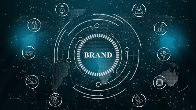 Brand development marketing strategy concept. Business, technology, internet and networking concept. Abstract technology data connection symbols on a deep cyan color background.