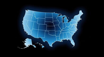 Blue glowing digital map of United States with state borders