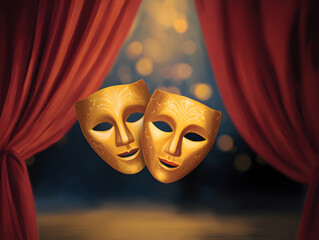 Golden Theatre Masks on Stage with Red Curtains