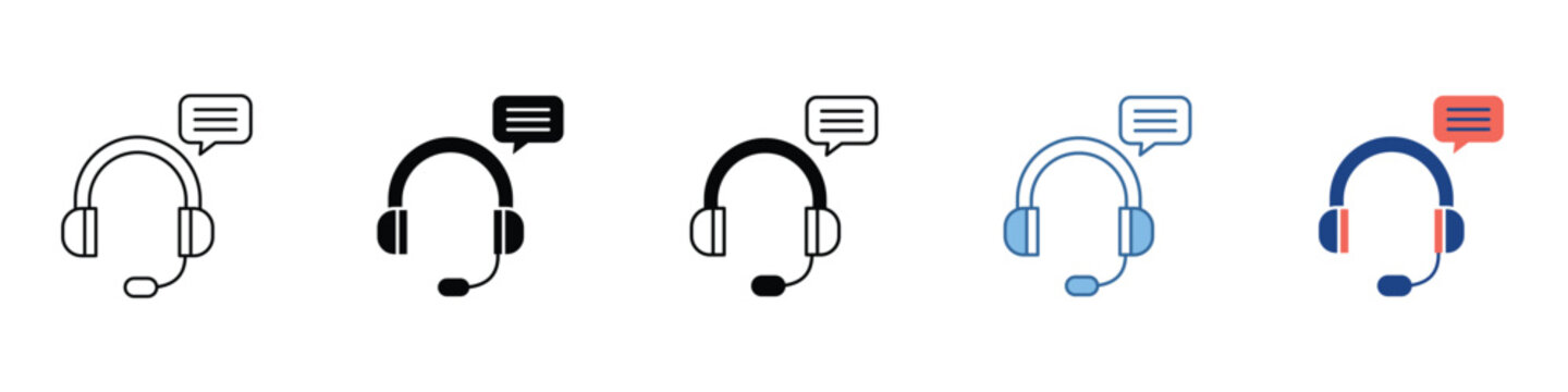 Vector icon set depicting a customer service headset with microphone and chat bubble, symbolizing online communication, technical assistance, and professional support solutions