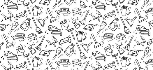 cleaning tools doodle seamless pattern hand drawing household