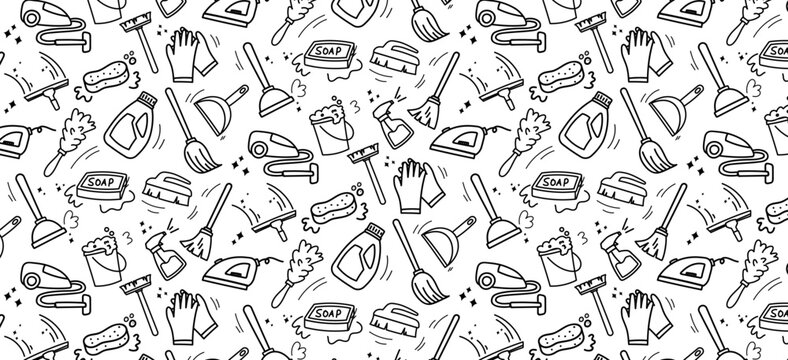 cleaning tools doodle seamless pattern hand drawing household