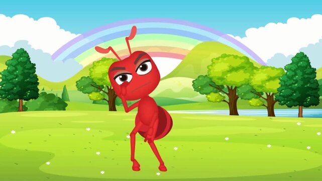 Angry Red Ant Cartoon Character Posing Outdoors