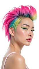 Naklejka premium Vibrant hairstyle with pink, blue, and yellow colors, showcasing modern and edgy look. makeup features bold eyeliner, enhancing overall aesthetic