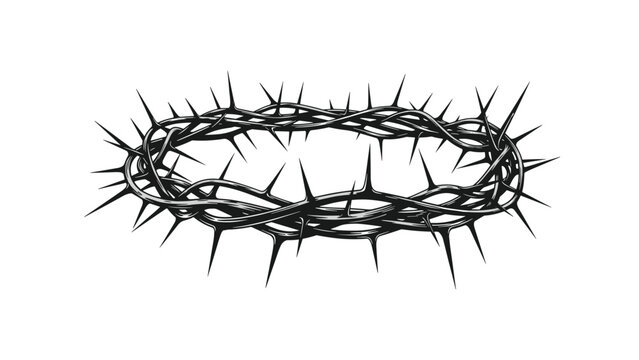 Detailed black and white engraving style sketch of a crown of thorns symbolizing sacrifice and religious faith, isolated on a plain white background.