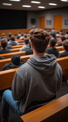 Focused college student wearing casual gray hoodie and jeans, sitting in audience of large, tiered lecture hall, looking towards distant presentation screen, deep focus perspective.