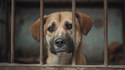Emotional Dog Behind Bars in Animal Shelter Captured in Cinematic Photograph