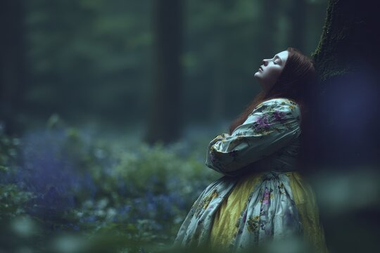 Mysterious Woman in Historical Attire Contemplating Life Amidst a Fae-Like Forest
