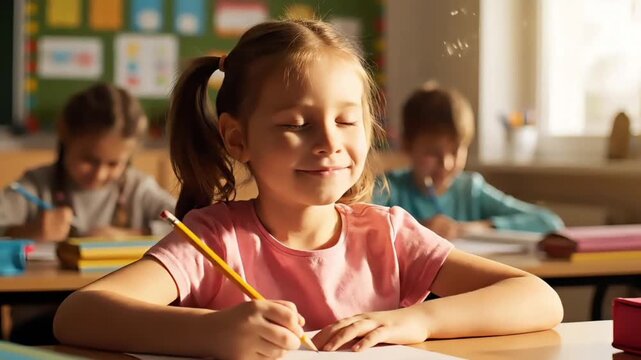 Smiling young girl sitting at a desk holding a pencil in a classroom setting with other students in the background and a green educational wall display.