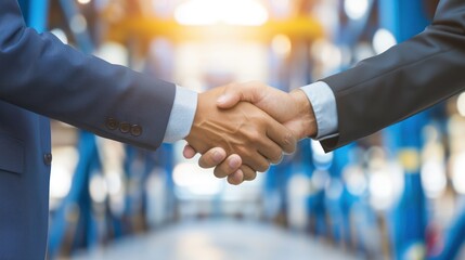 Businessmen Wearing Formal Suits Shaking Hands in Modern Warehouse Setting