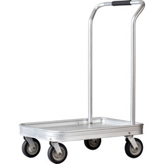Silver metallic platform hand truck with six wheels on black background.