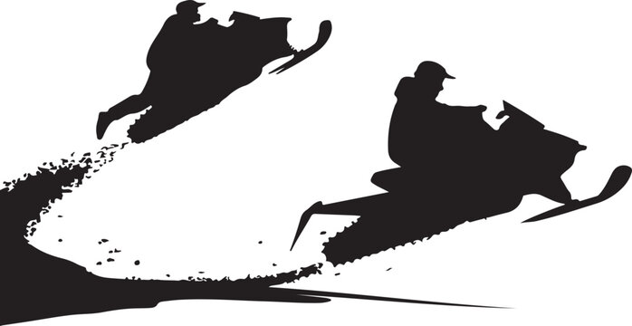 High Speed Snowmobile Riders Silhouette Vector, Illustration of Winter Extreme Sport Action on white background.