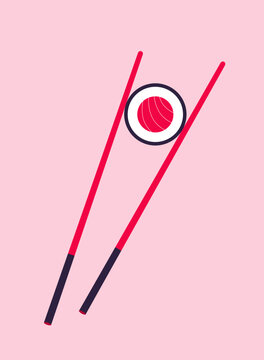 Minimalist flat vector illustration of sushi held with chopsticks on a pink background. Japanese cuisine concept, traditional food symbol, modern design for travel, culture, restaurant, menu
