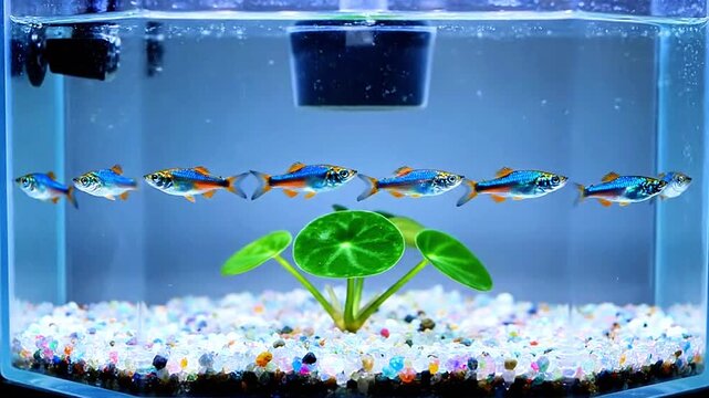 Small colorful fish swimming in a line in a well-lit aquarium with a green plant and gravel.