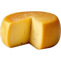 A delicious-looking wheel of cheese with a slice cut from it.