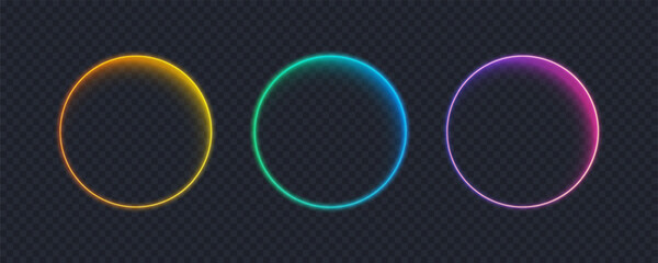 Neon circle button set isolated on transparent background. 3D glow neon pill frame for mobile and web app or computer game, hud interface. Empty line button collection, vector illustration.
