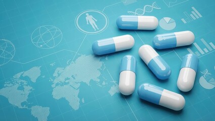 Blue and white pills placed on a digital medical research background with pharmaceutical data and world maps