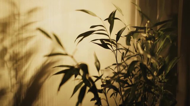 Potted green plant in soft ambient light creating a prominent, intricate shadow pattern on a textured wall, conveying a serene and natural indoor atmosphere
