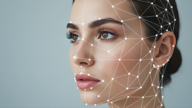 Side profile generic a woman with facial recognition technology mapping key points to verify identity details