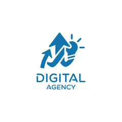 A blue logo for a digital agency with abstract shapes and arrows on a transparent background viewed from the front