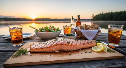 Cedar plank grilled salmon with lightly charred edges, resting on a wooden table at a lakeside barbecue environment.