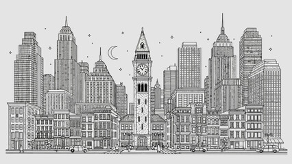 Obraz premium Black and White Cityscape Sketch: Iconic Buildings and Bustling Street Life