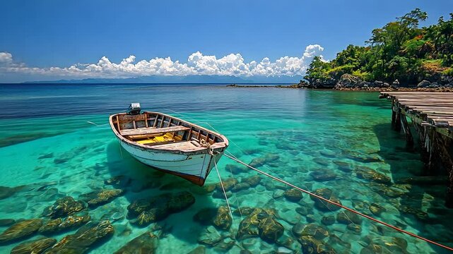 A tropical dream captured in eight seconds: A small wooden boat gently drifts near a dock in an idyllic cove. The water is unbelievably clear, revealing the rocky seabed under a brilliant blue sky an