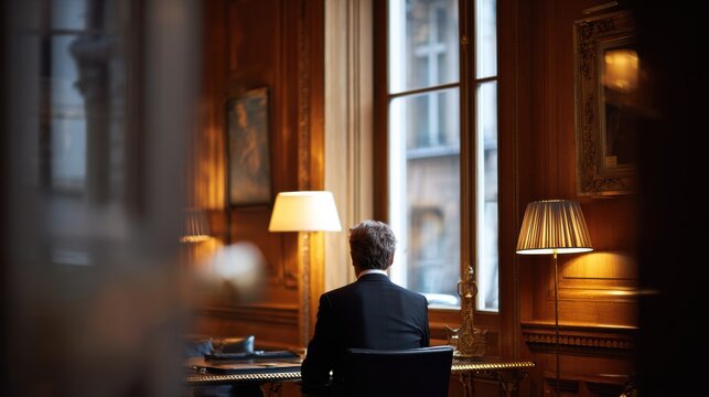 Business Professional in Private Banking Office Reflecting on Strategies in a Warm Atmosphere