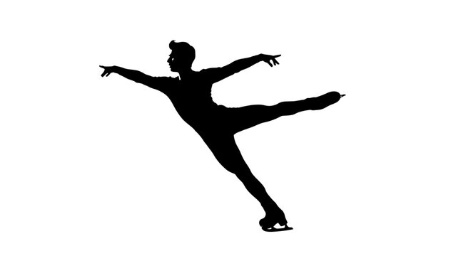 Silhouette of a male figure skater performing a jump on white background.