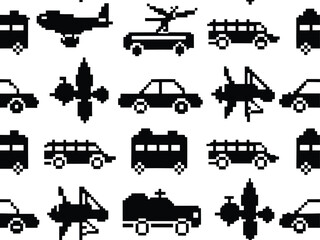 Obraz premium Pixel Art 1-Bit City Transport Car and Plane Icon Set