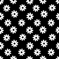 Seamless pattern of white hand-drawn daisy flowers on a black background. Simple floral illustration in minimalist doodle style for textile, wallpaper, wrapping paper, and digital fabric.