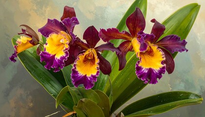 Close-up of a cluster of vibrant Cattleya orchids with deep purple and yellow petals, showcasing intricate details and lush green leaves.