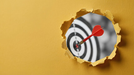 A red dart hitting the bullseye generic a target through a torn yellow paper, symbolizing precision and concentration.