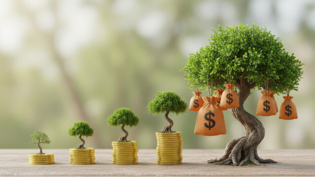 A series of trees growing on stacks of coins with a large tree bearing money bags symbolizing financial growth and success.