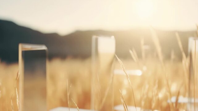 Clear rectangular prisms reflecting warm golden sunlight and bokeh in a field of ripe wheat or tall grass, symbolizing clarity, future growth, and environmental technology
