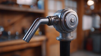 A close up of a shiny metal industrial pump with an angled spout in a workshop setting