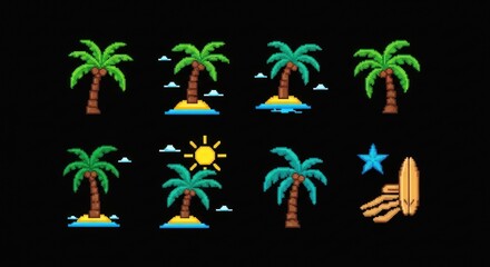 Obraz premium Collection of pixel art tropical beach icons and palm trees